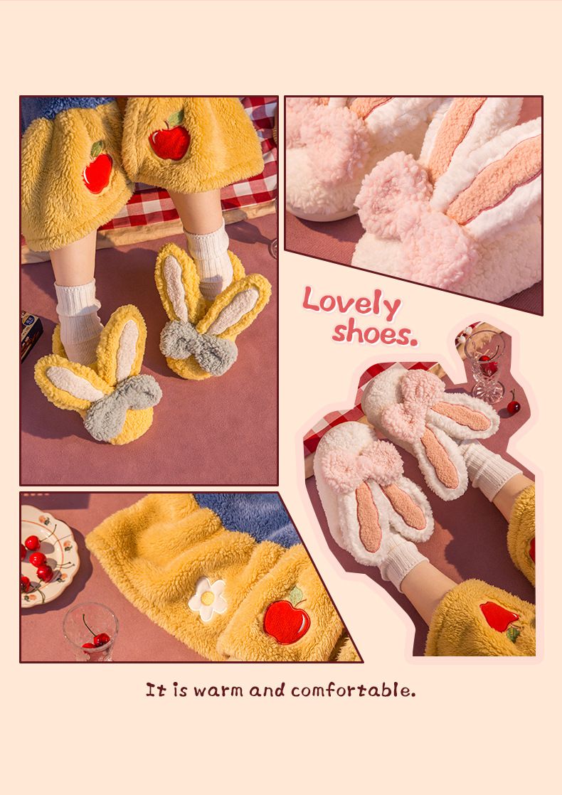 毛毛保暖室內拖鞋-蝴蝶結兔耳朵-白色