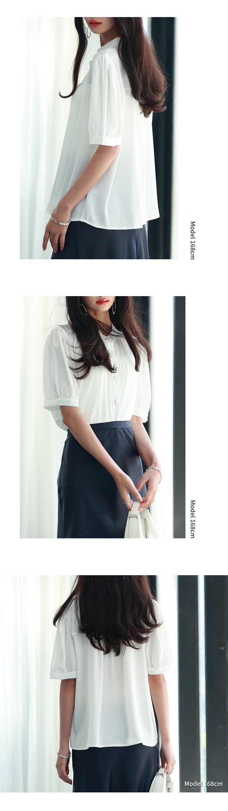 日本女裝代購 - 甜美細摺輕薄五分袖襯衫-米白