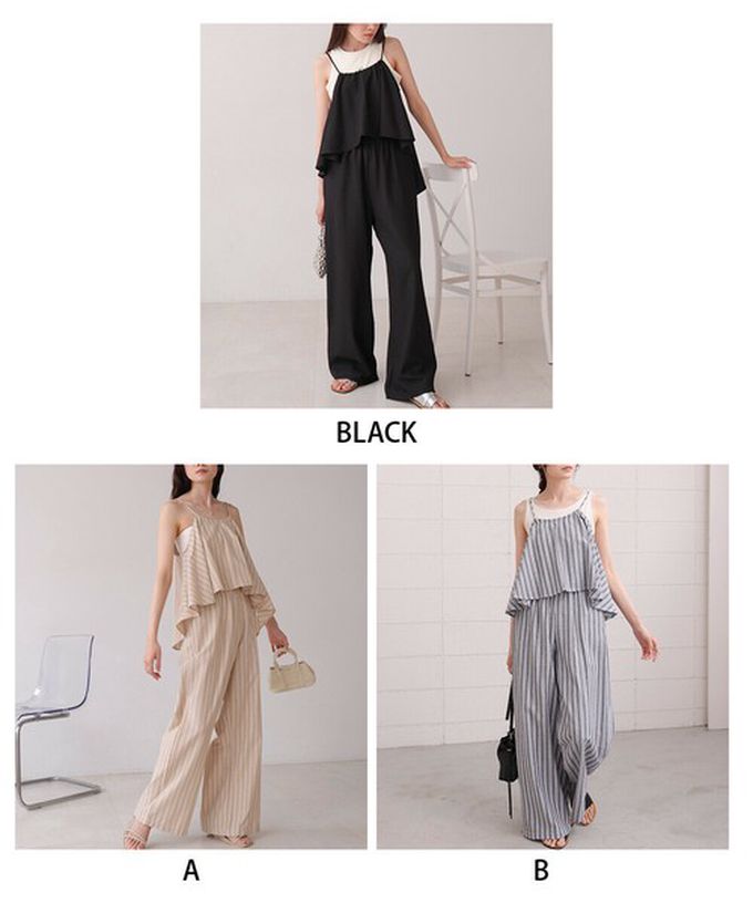 日本 Bab - 簡潔舒適混棉細肩帶長褲套裝-素面-經典黑 (M)