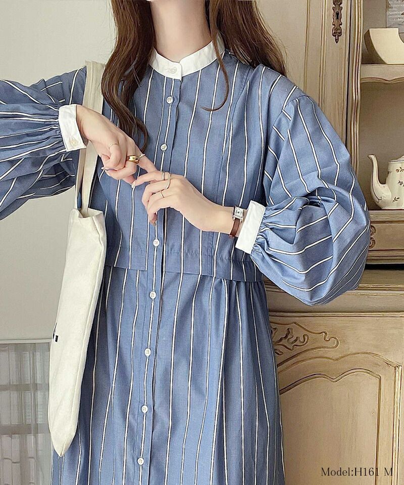 日本 Classical Elf - 修身立領泡泡袖襯衫洋裝-直條紋-海軍藍
