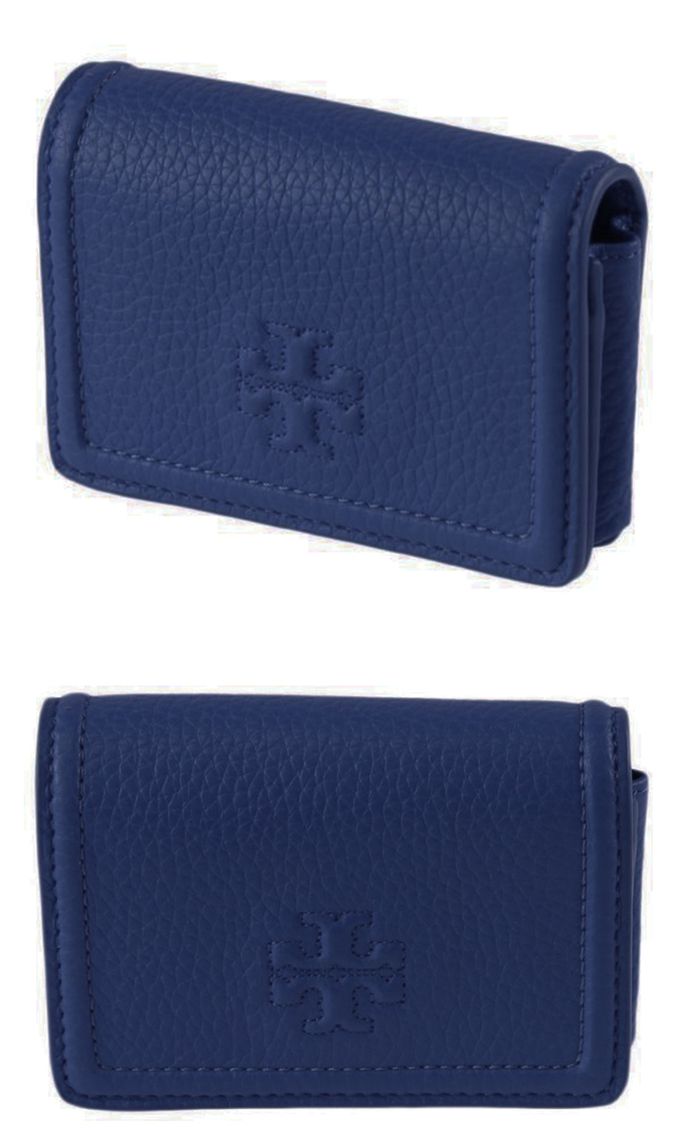 TORY BURCH - 雙T-LOGO素面皮革短夾 (深藍)