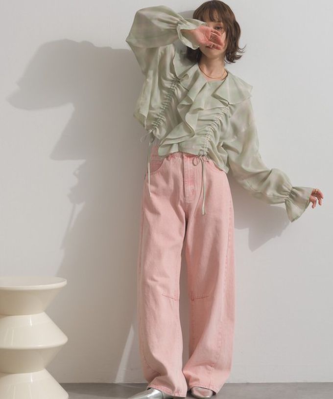 日本 ELENCARE DUE - 飄逸荷葉領浪漫抽繩長袖上衣-米棕系