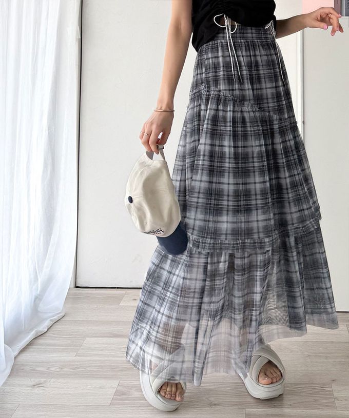 日本 Classical Elf - mily bilet 飄逸薄紗分層蛋糕長裙-灰格紋