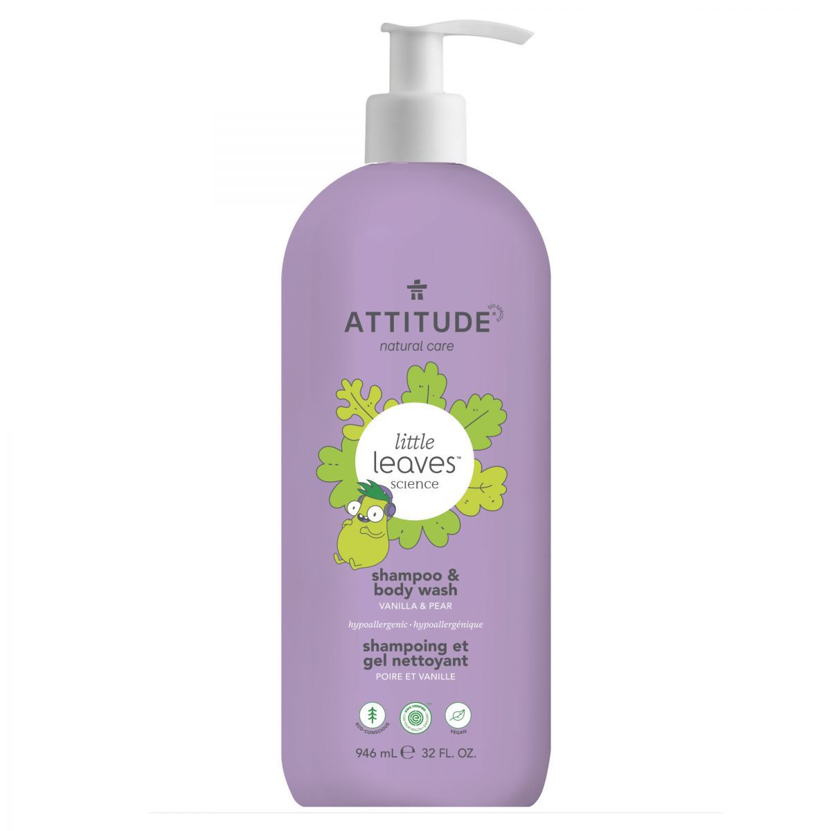 加拿大 ATTITUDE 艾特優 - 兒童2合1洗髮沐浴露-香草&梨 946ml