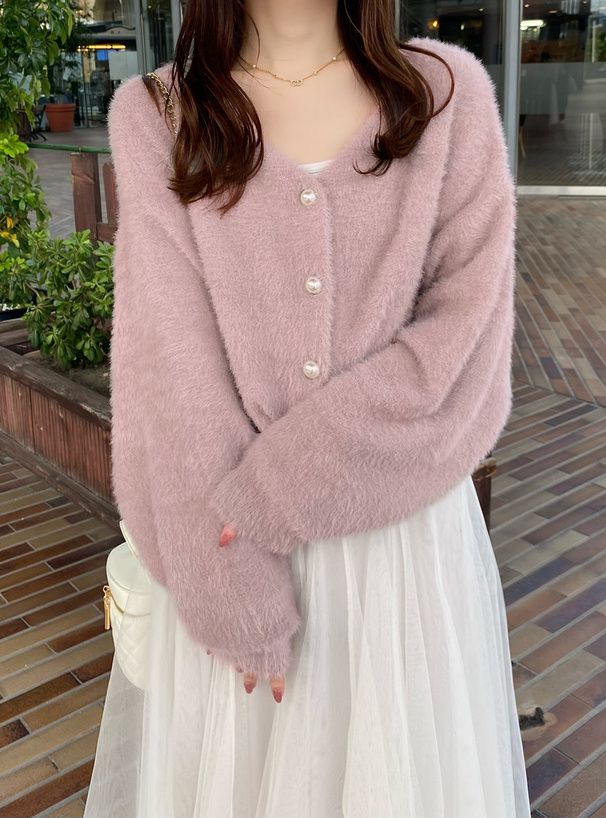 日本 GRL - 溫柔V領珍珠釦短絨小外套-黑 (F)