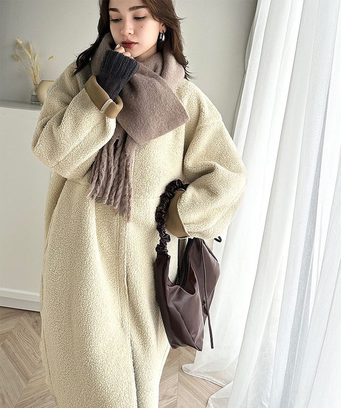 日本 Classical Elf - 溫暖毛呢休閒感無領長版外套-摩卡