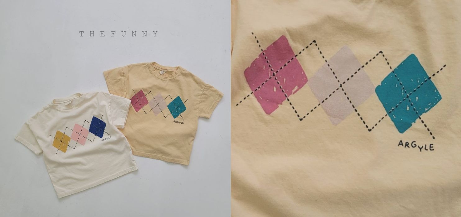 韓國 The Funny - 三色菱形純棉T-象牙白
