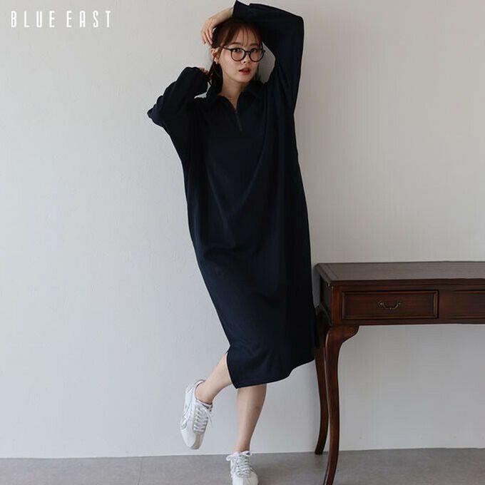 日本 BLUE EAST - 半拉鏈時尚休閒長袖洋裝-海軍藍
