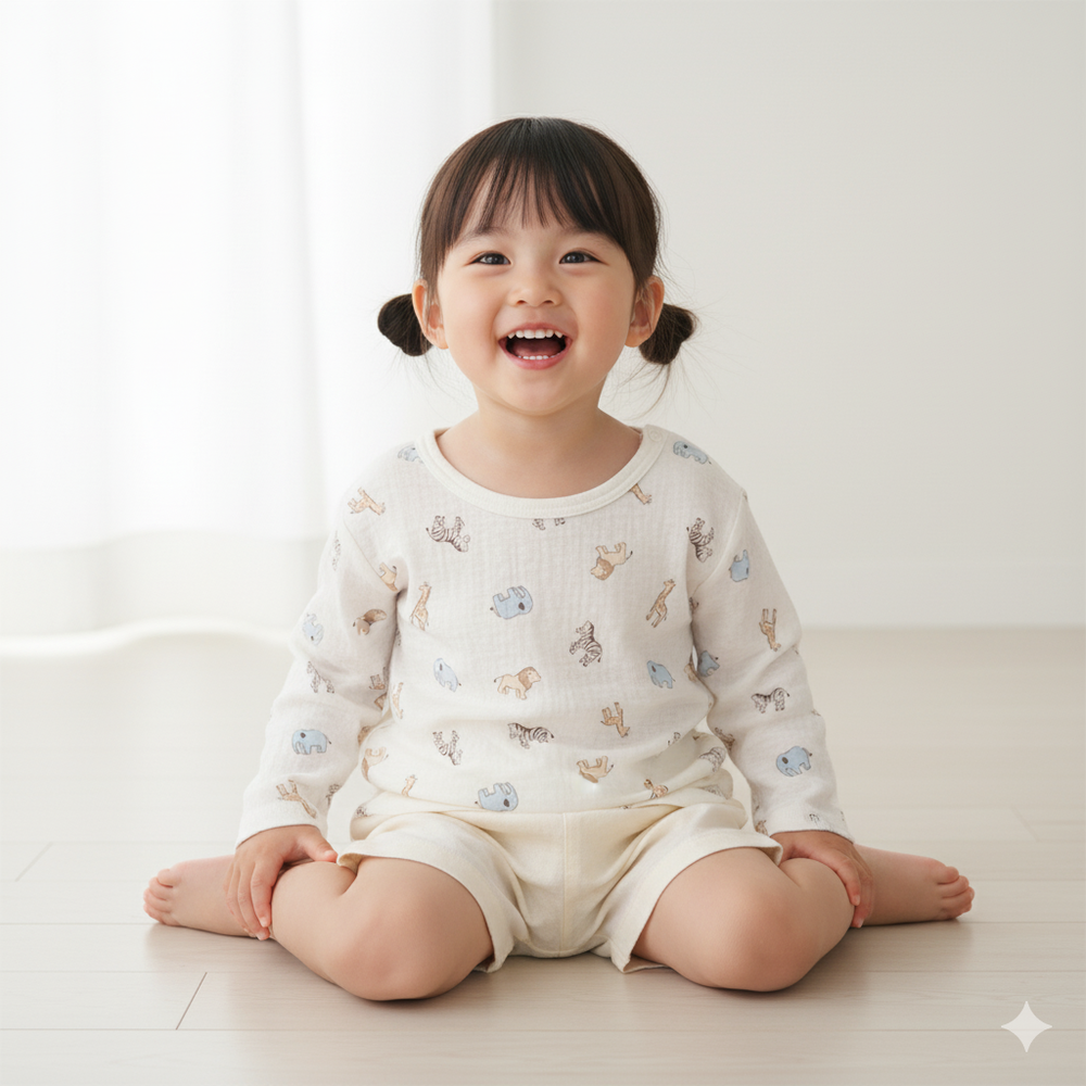 長袖圓領上衣2件組-動物-象牙白色