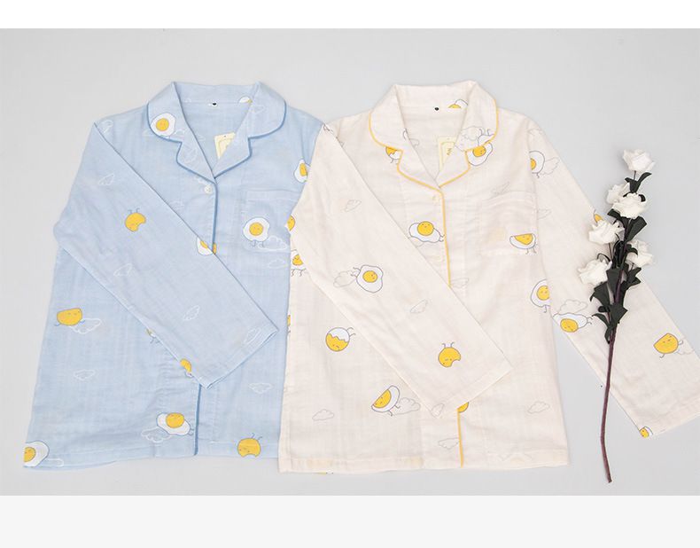 雙層棉紗布長袖家居睡衣套裝-成人款-藍底荷包蛋