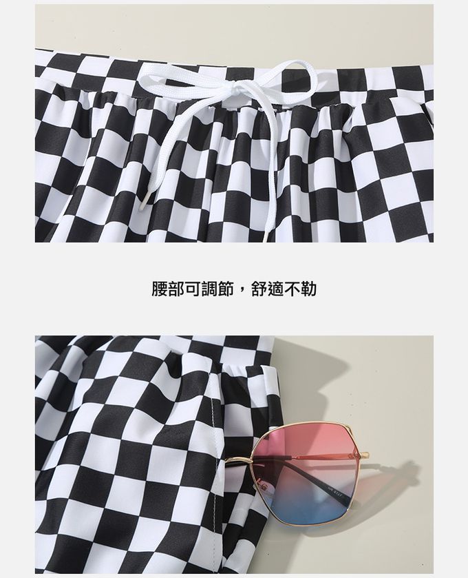 男士泳褲-格紋-黑+白