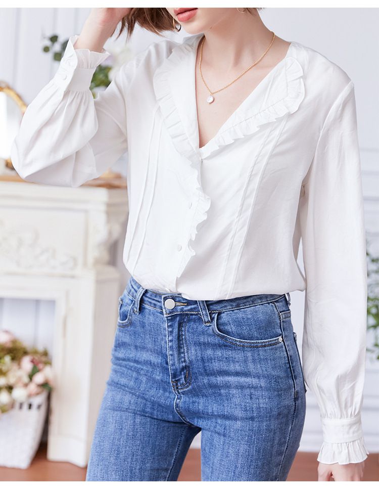 氣質荷葉邊長袖襯衫-白色