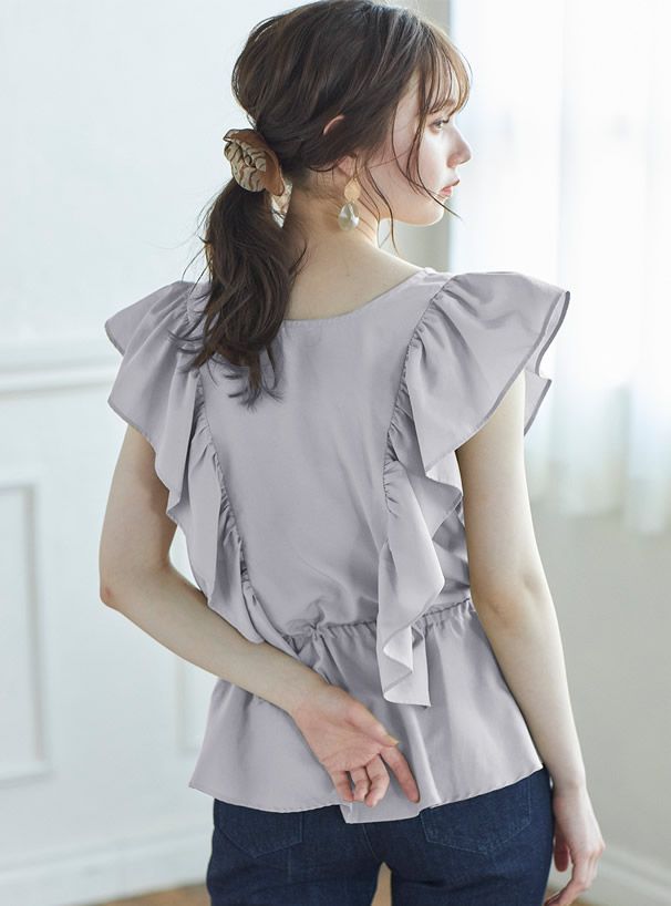 日本 GRL - 立體V型大荷葉邊無袖上衣-星塵藍