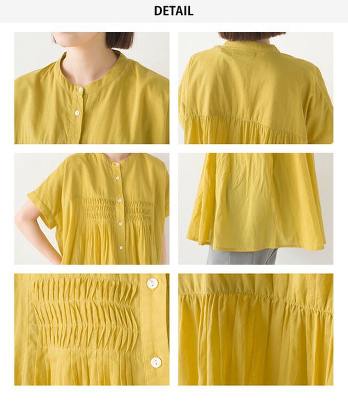 日本 OMNES - 100%印度棉 皺摺傘狀短袖襯衫-棕條紋