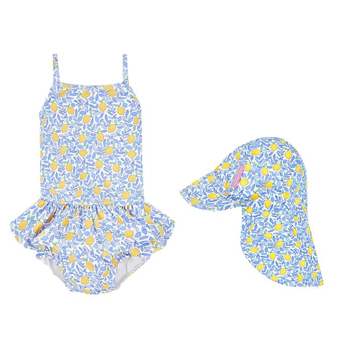 英國 JoJo Maman BeBe - 連身式泳裝+防曬護頸遮陽帽-夏日檸檬_JJH3955+夏日檸檬_JJH3972