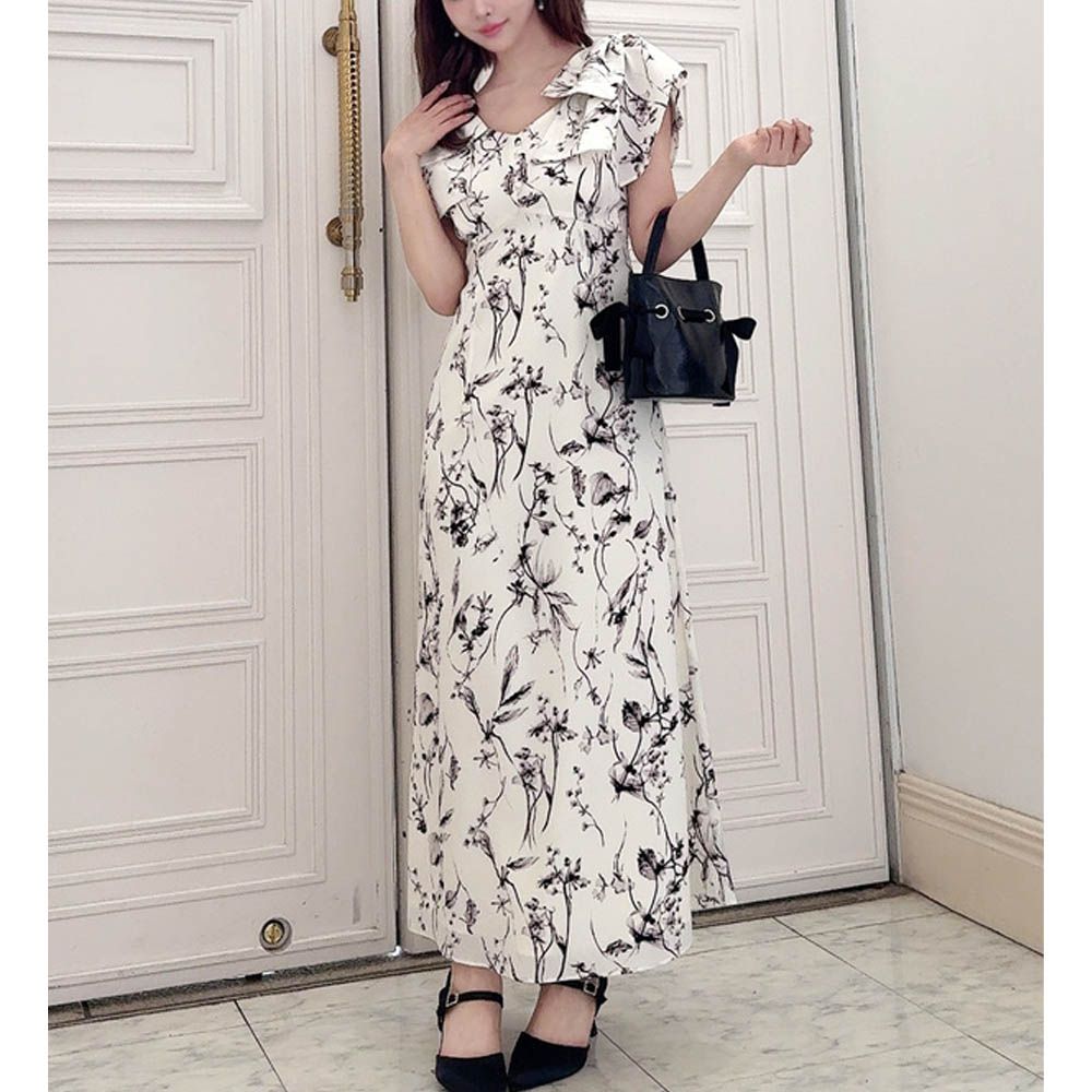 柔美花卉肩蝴蝶結V領短袖洋裝-白