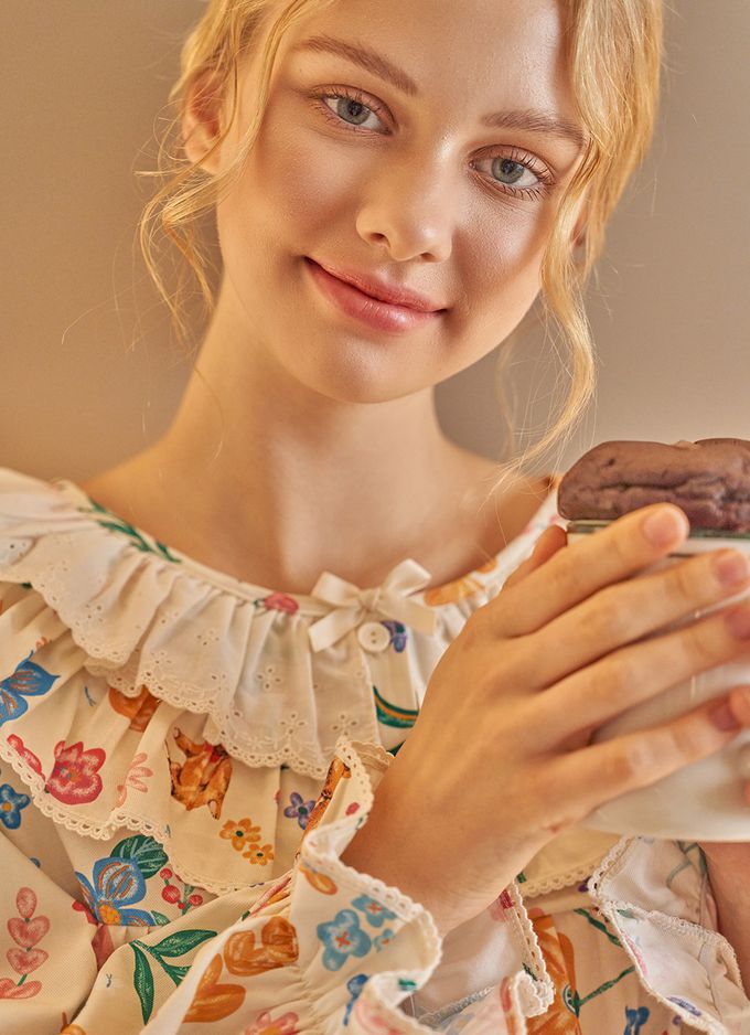 韓國 ULLALA - 童話熊花園荷葉領長袖睡衣套裝-淡黃 (FREE)