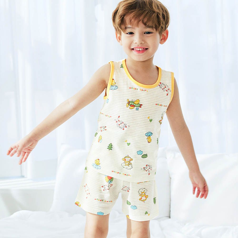 透氣條紋提花棉無袖家居服-萌動物天堂-淡黃