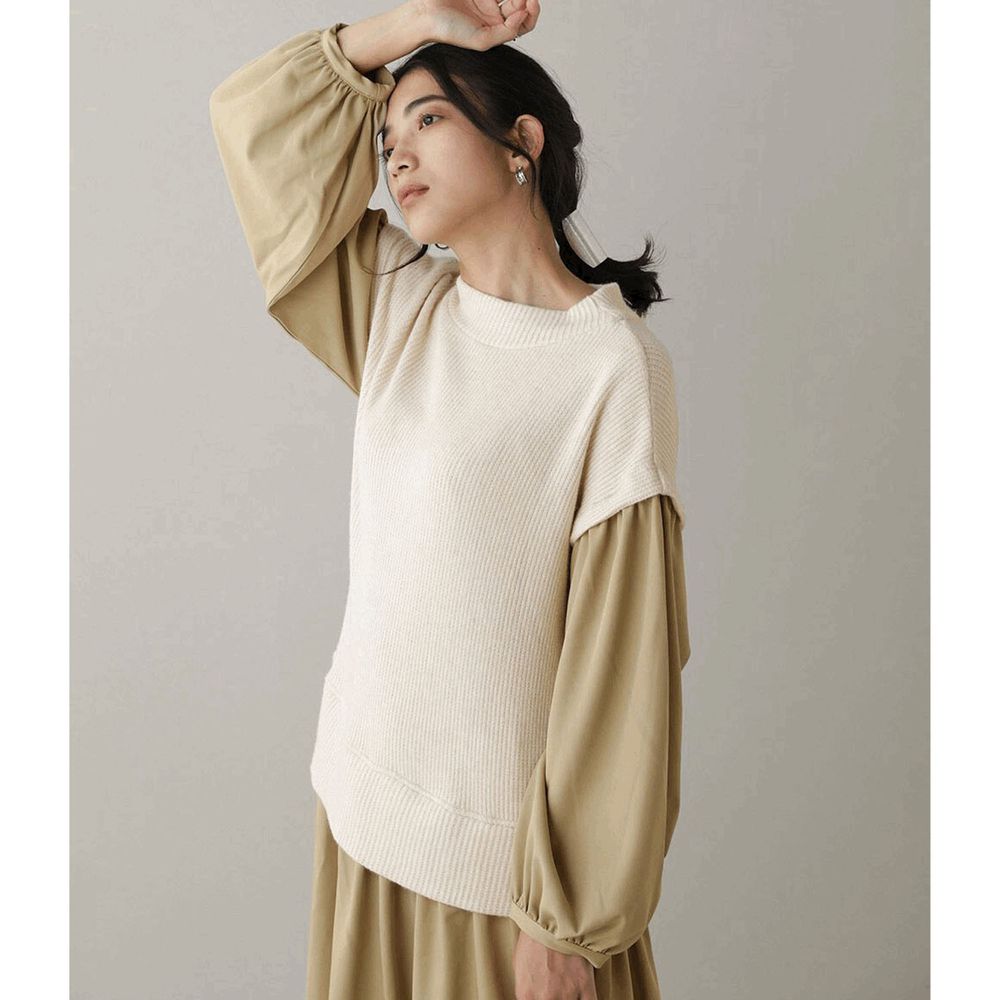 日本 Bou Jeloud - 針織背心假兩件拼接長袖寬鬆洋裝-米