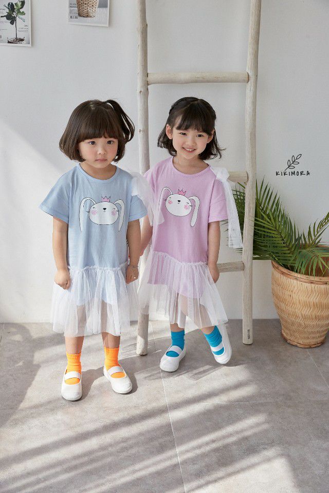 韓國 kikimora - 單邊緞帶皇冠兔網紗拼接洋裝-粉紫