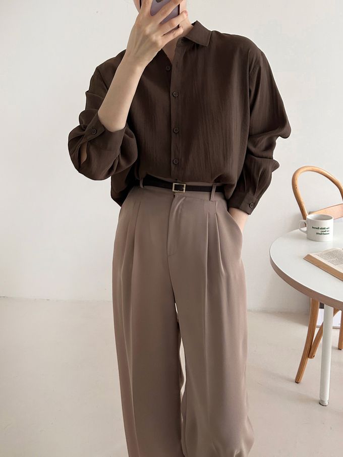 韓國女裝連線 - 質感薄透長袖翻領襯衫-白 (FREE)