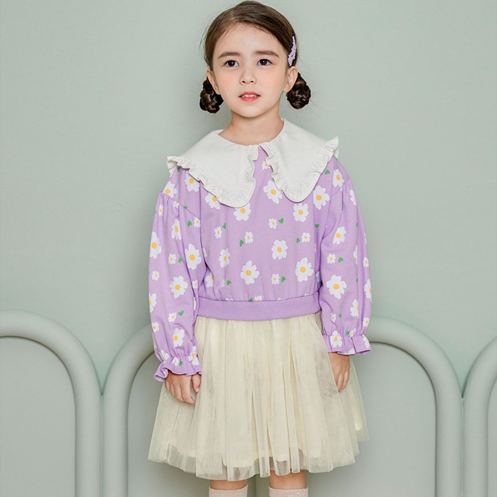 韓國 WALTON kids - 假兩件滿版小花拼接網紗洋裝-紫