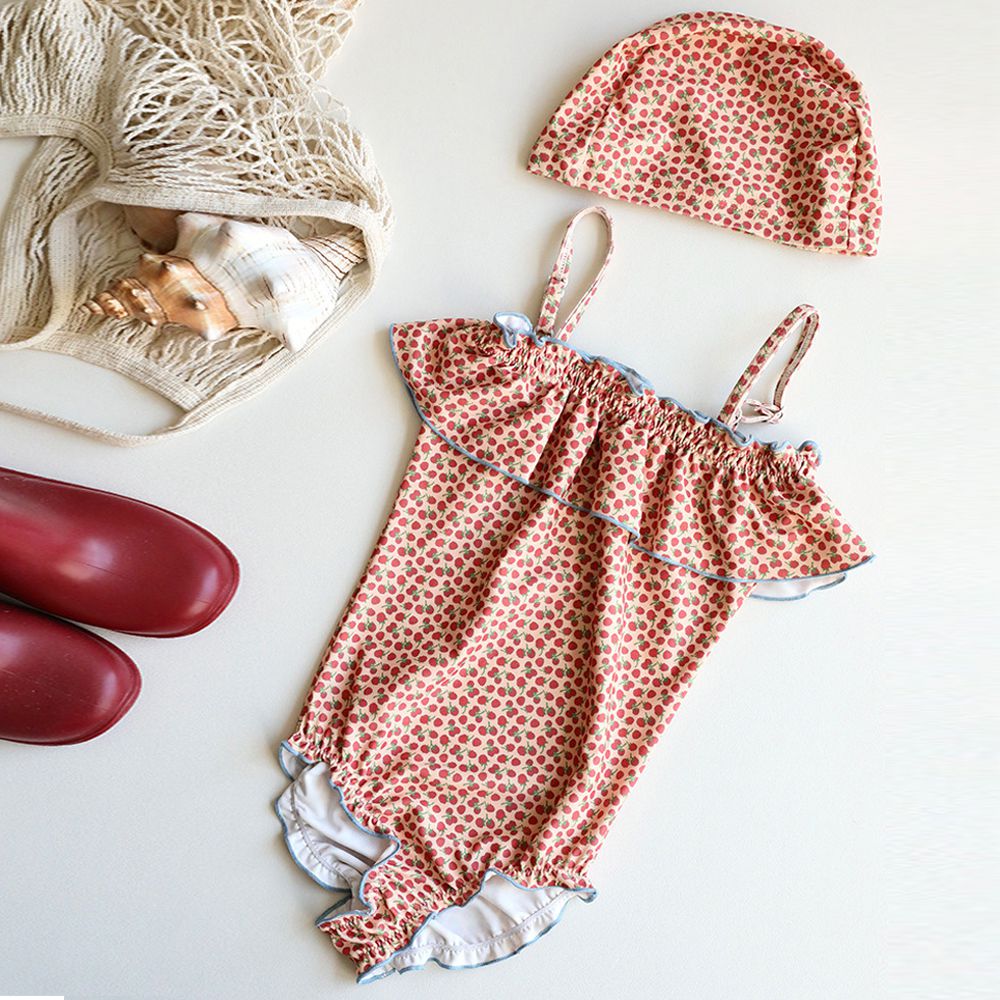 UPF50+細肩帶連身泳裝(附泳帽)-滿滿樹莓