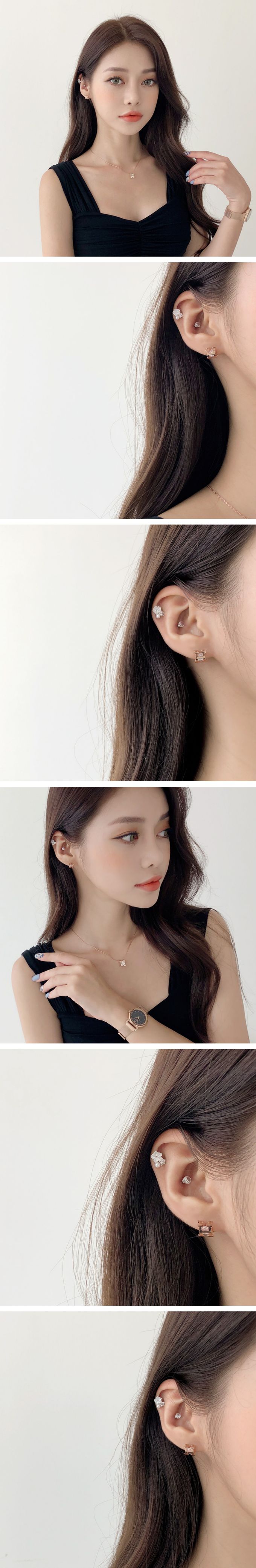 韓國 Soo&Soo - 綻放花型寶石耳釘耳環-轉珠-銀X白-單個