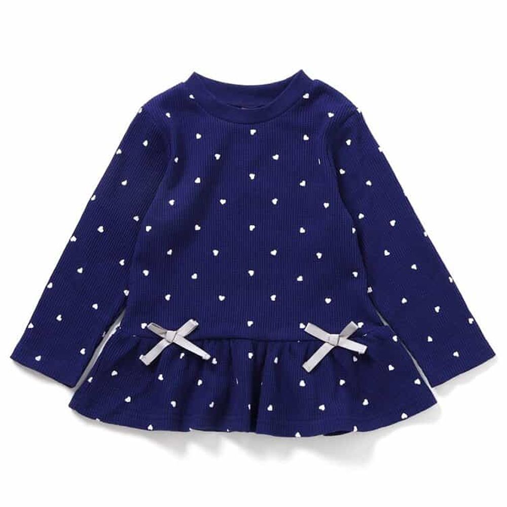 可愛荷葉下擺羅紋長袖上衣-愛心-海軍藍