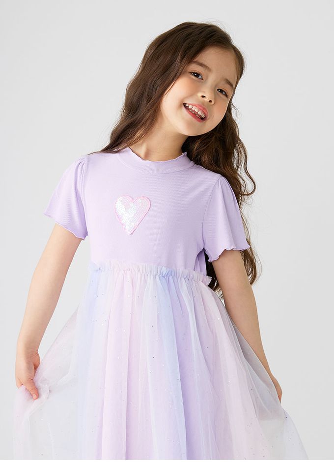 韓國 OZKIZ - 心型亮片夢幻網紗拼接洋裝-薰衣草紫