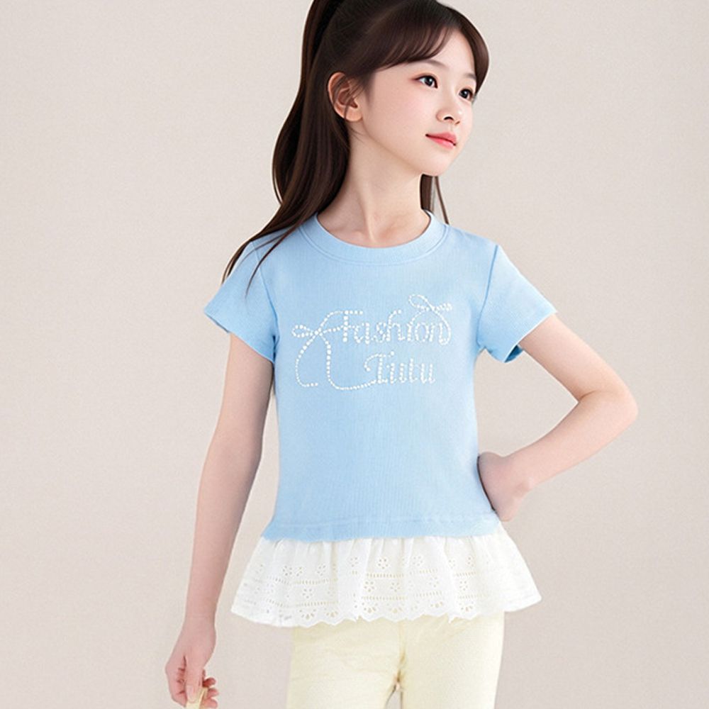 甜美貼鑽蕾絲拼接短袖上衣-藍色