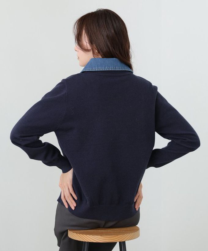 日本 Bab - 牛仔領時尚休閒感針織開襟衫-海軍藍