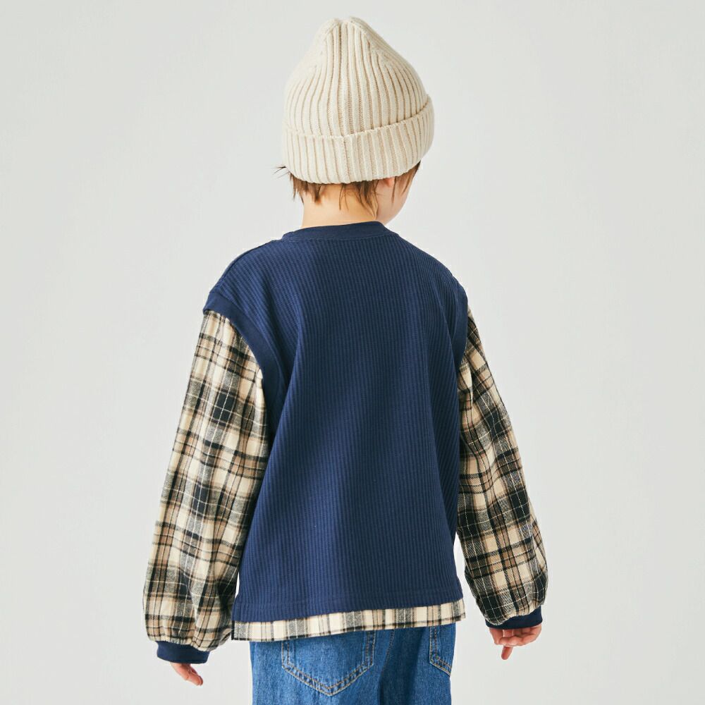 日本 evercloset - 格紋拼接華夫格長袖上衣-薄荷