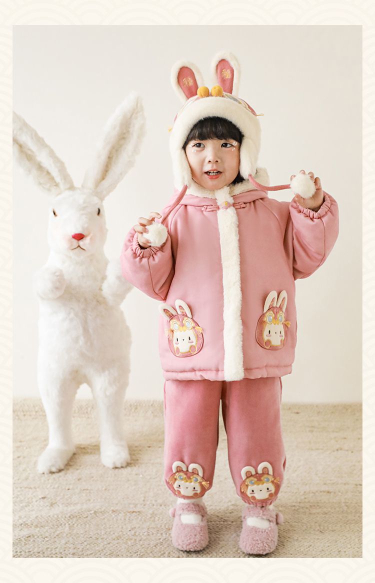 TONGMO - 加絨腰鬆緊休閒拜年長褲-兔子-米色