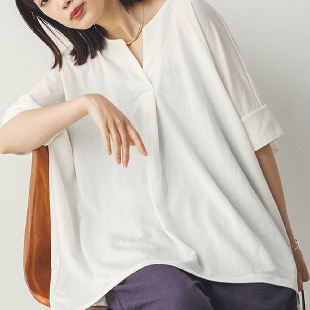 接觸涼感 鑰匙領五分袖上衣-白