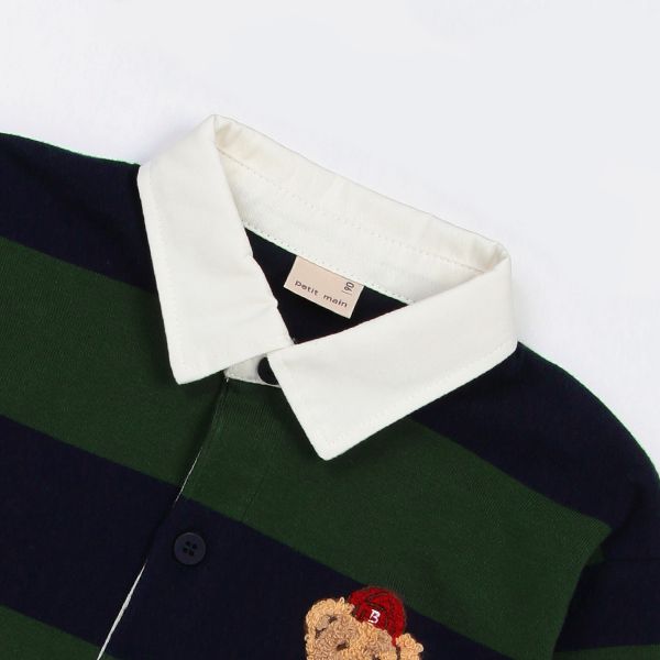 日本 petit main - 美式足球風氣質長袖POLO衫-刺繡小熊-黑米杏