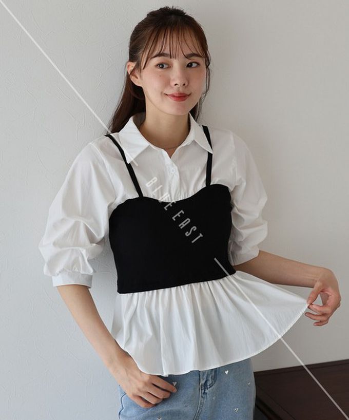 日本 BLUE EAST - 假二件俐落時尚疊穿五分袖上衣-黑x水藍