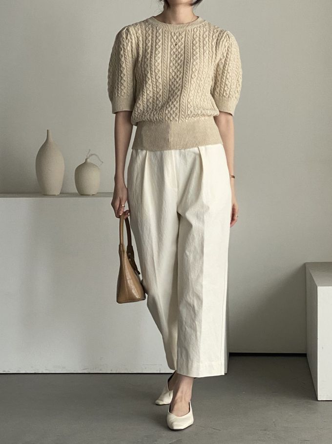 韓國女裝連線 - 麻花辮編織五分袖針織上衣-卡其 (FREE)