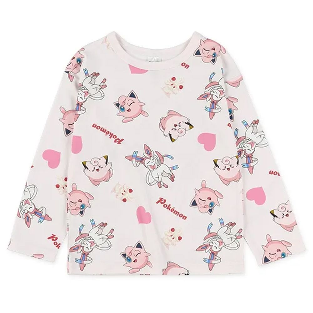 卡通人物寶可夢印花長袖上衣-胖丁-粉紅x白