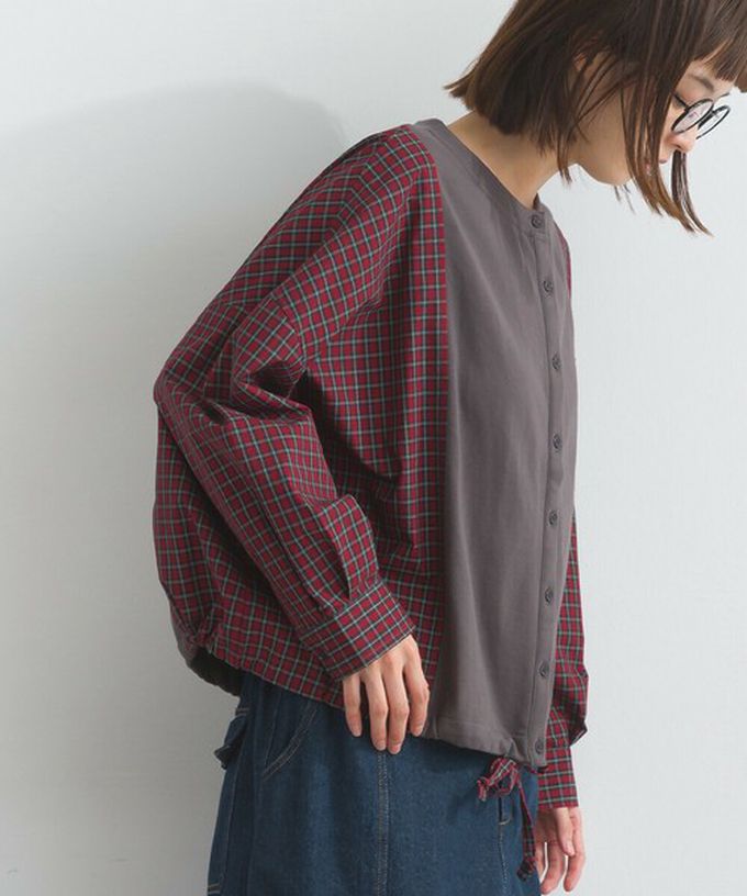 日本 Lupilien - 可愛格子拼接裏毛休閒襯衫-淺灰x紫