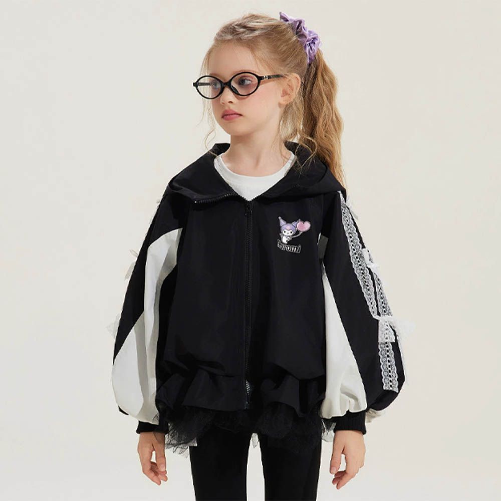 甜酷蕾絲網紗拼接連帽外套-卡通人物酷洛米-黑色