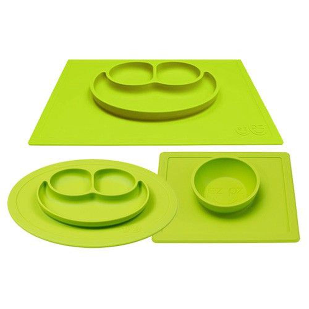 美國 ezpz - 快樂餐盤 Happy Mat+Bowl+Mini Mat-餐盤+餐碗+迷你餐盤-蘋果綠