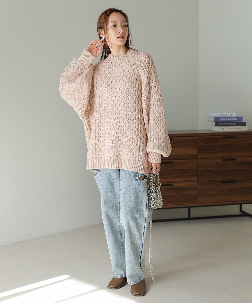 日本 Bab - 麻花編織大寬袖針織上衣-炭灰