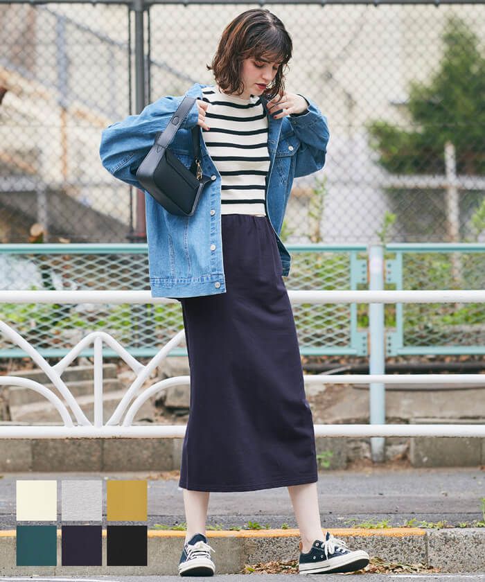 日本 COCA - 棉混彈性修身長裙-深綠