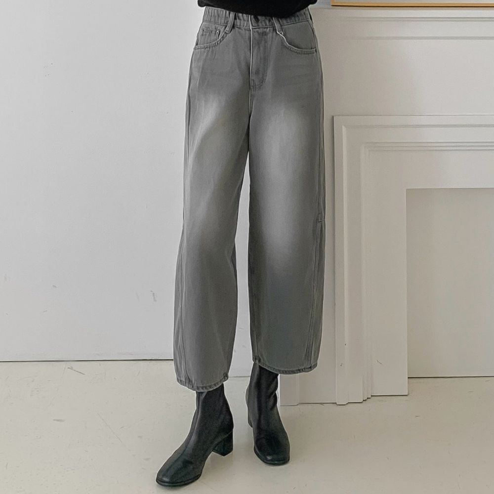 EDITION (內磨毛升溫+5度C)彈性腰廓形哈倫牛仔褲-灰