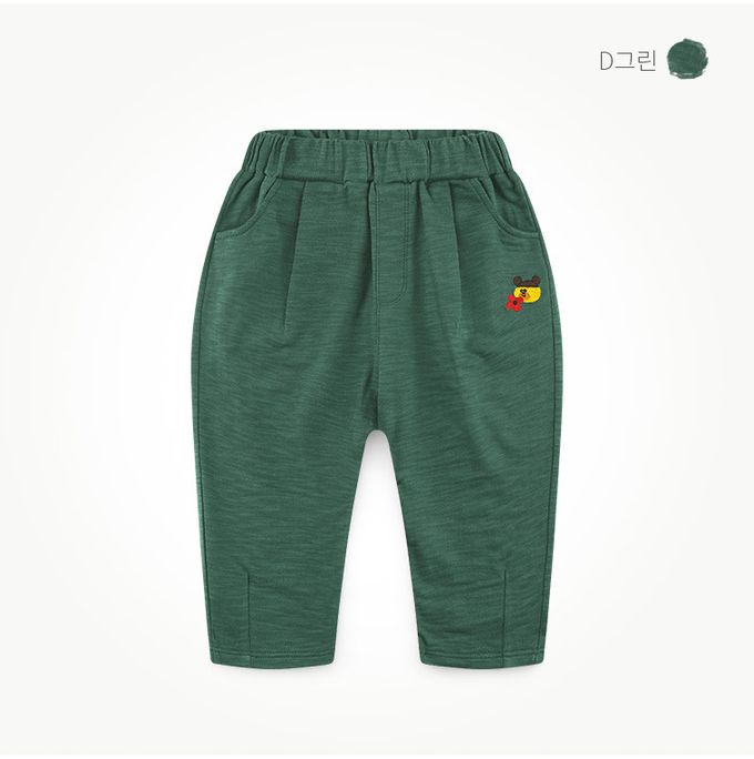 韓國 milk mile - 鬆緊腰小熊刺繡休閒長褲-深藍灰