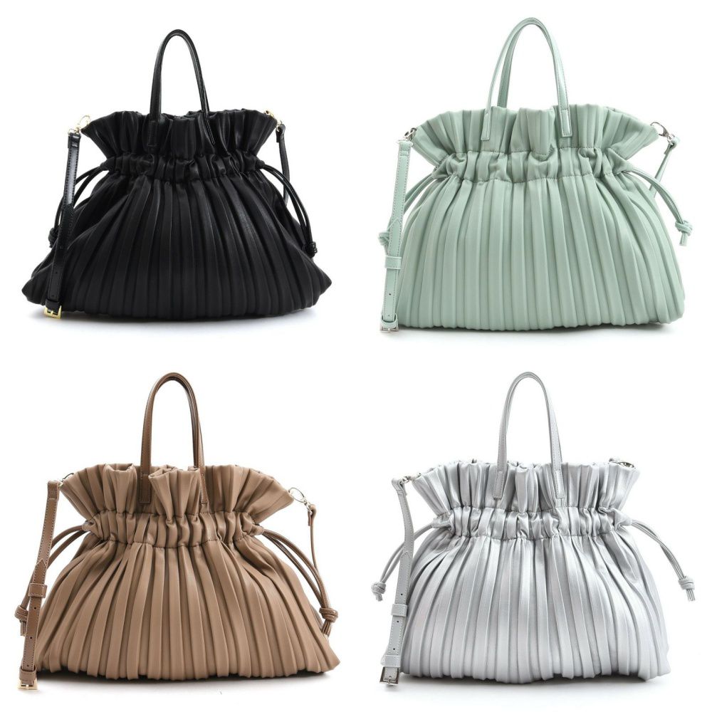 日本 COOCO - 皮質風琴紋束口包/手提包/側背包-黑