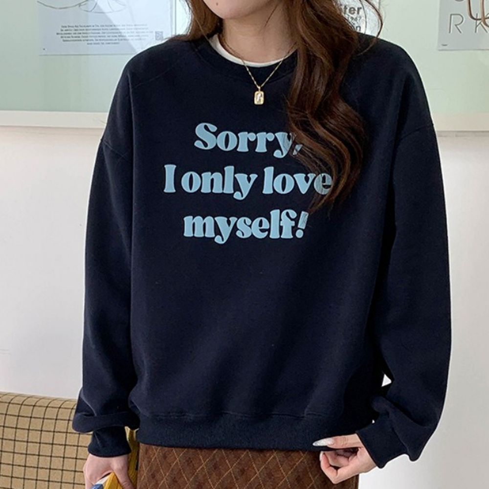 (加絨)長袖大學T-泡泡文字點綴-藏藍 (F)