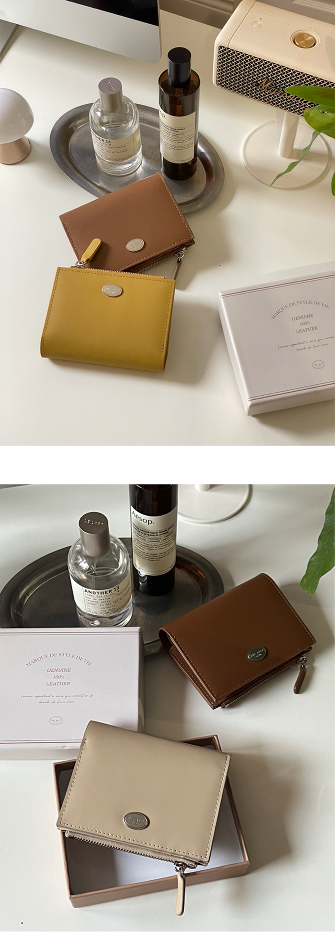 韓國 THEALLY - 牛皮對折短夾(含零錢袋)-焦糖咖