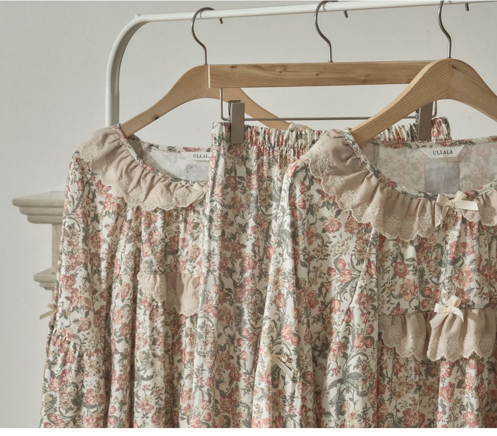 韓國 ULLALA - 絕美公主純棉長袖睡衣-(洋裝式)-奶油色 (FREE)